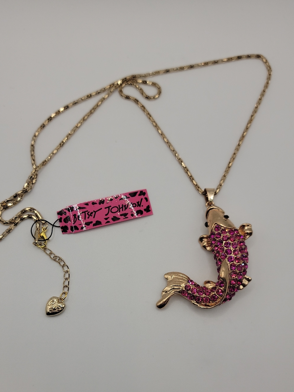 Betsey Johnson Gold-Tone Pink Crystal Koi Fish Pendant Necklace 28" Chain
